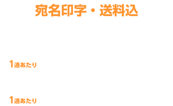 宛名印字・郵送料込 100~999通 1通あたり 70円(税別) 5万通の場合 1通あたり 54.70円(税別)