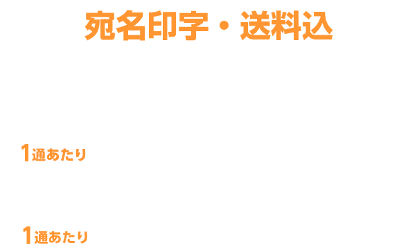 宛名印字・郵送料込 100~699通 1通あたり 100円(税別) 5万通の場合 1通あたり 72.25円(税別)