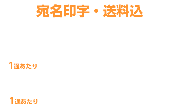 宛名印字・郵送料込 100~499通 1通あたり 120円(税別) 5万通の場合 1通あたり 73.79円(税別)