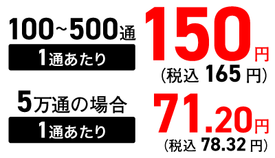 100～500通 1通あたり 税込165円、5万通の場合 1通あたり 税込78.32円