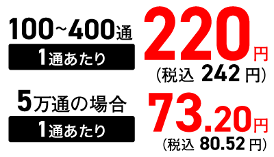 100～400通 1通あたり 税込242円、5万通の場合 1通あたり税込 80.52円